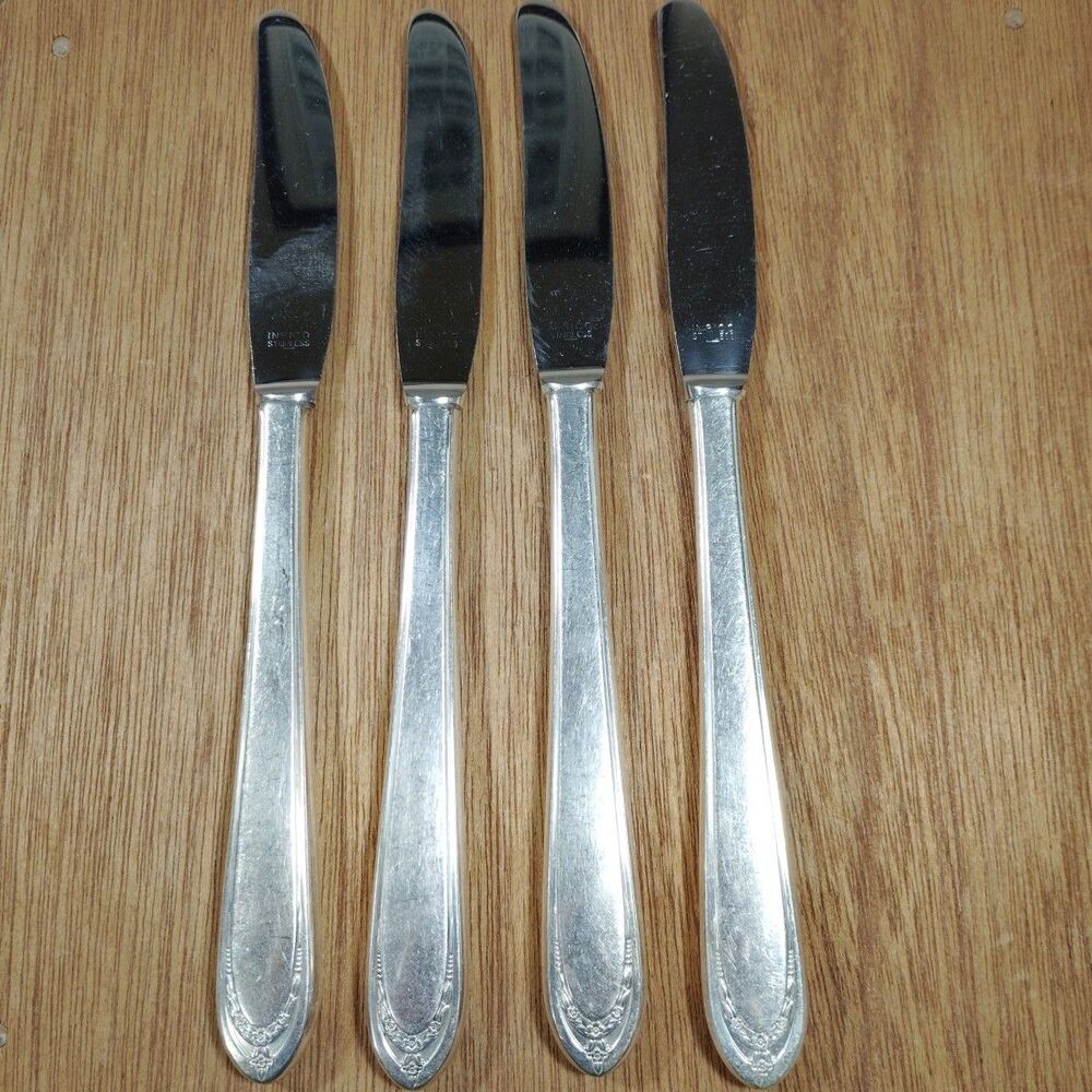 Vintage 1847 Rogers Bros IS Lovelace Silverplate Flatware 4 Dinner Knives Floral
